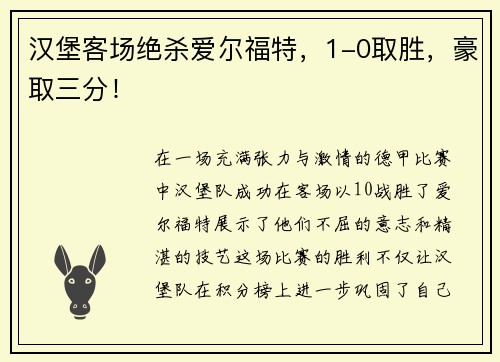 汉堡客场绝杀爱尔福特，1-0取胜，豪取三分！