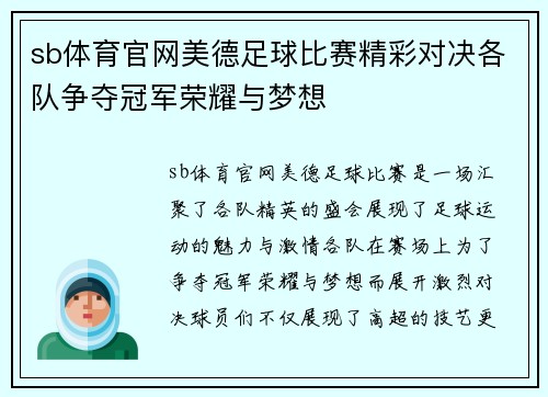 sb体育官网美德足球比赛精彩对决各队争夺冠军荣耀与梦想