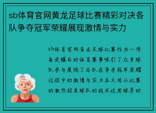 sb体育官网黄龙足球比赛精彩对决各队争夺冠军荣耀展现激情与实力