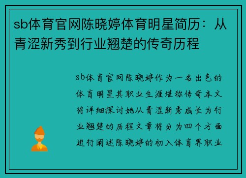 sb体育官网陈晓婷体育明星简历：从青涩新秀到行业翘楚的传奇历程