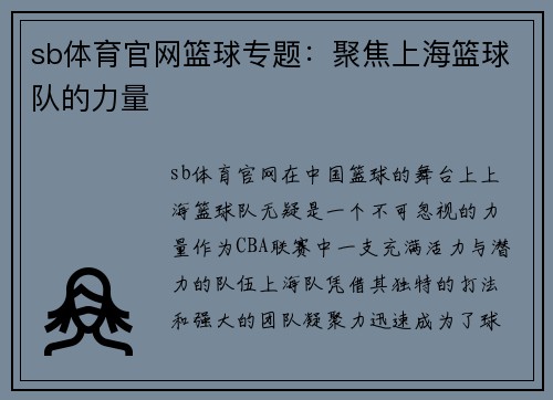 sb体育官网篮球专题：聚焦上海篮球队的力量